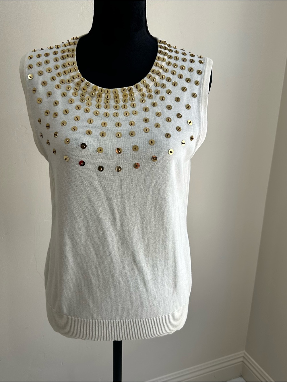 Vintage MK Michael Kors Cream Sleeveless Knit Top with Gold Stud Detail Size L